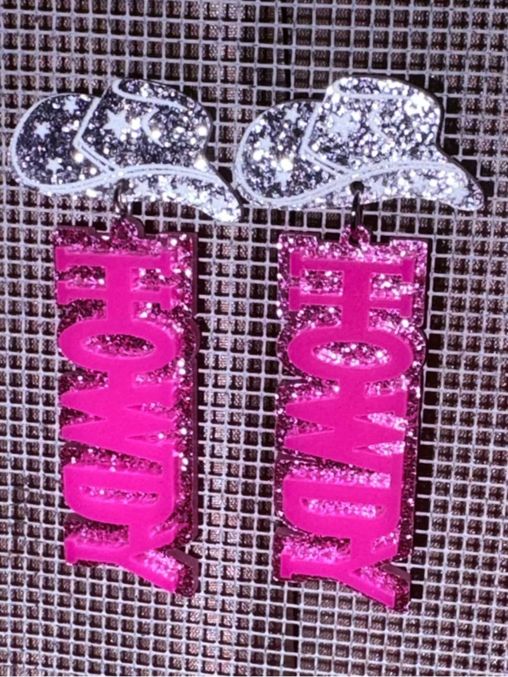 Hot Pink 'Howdy' Dangle Earrings with Silver Glitter Cowboy Hats